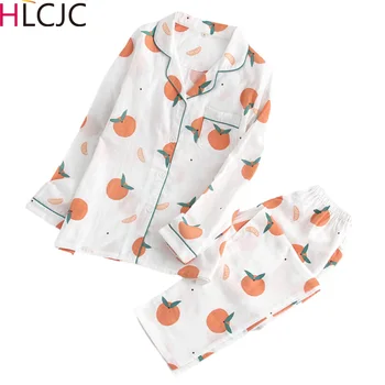 

Fresh Oranges Pajama Sets Women 100% Gauze Cotton Long Sleeve Casual Sleepwear Women Pyjamas Femme Summer Hot Sale 2020 Pijamas