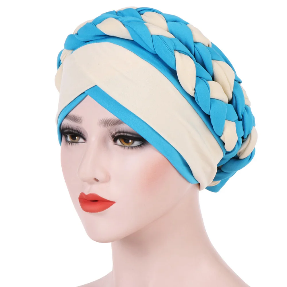 Blue Beige Женская Двухцветная длинная оплетка индийская шапочка Эластичный Тюрбан шляпа TOSQD0001 - Цвет: Blue Beige