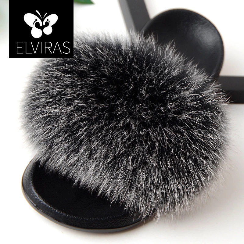 

ELVIRAS Women's Fur Slipper Real Fox Fur Fashion Style Furry Slides Soft Warm Big Fluffy Fur Shoes Winter Slippers women 42