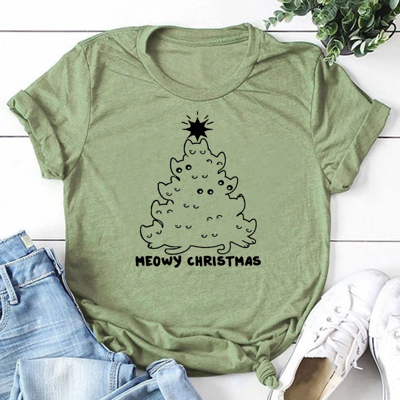 Meowy Christmas забавная Рождественская женская футболка 90s Эстетическая хлопковая модная графическая Женская одежда с круглым вырезом и коротким рукавом милые футболки - Цвет: Зеленый