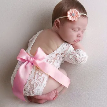 

Newborn Infant Baby Girl Boy Photography Props Lace Bow Romper Bodysuit Clothes