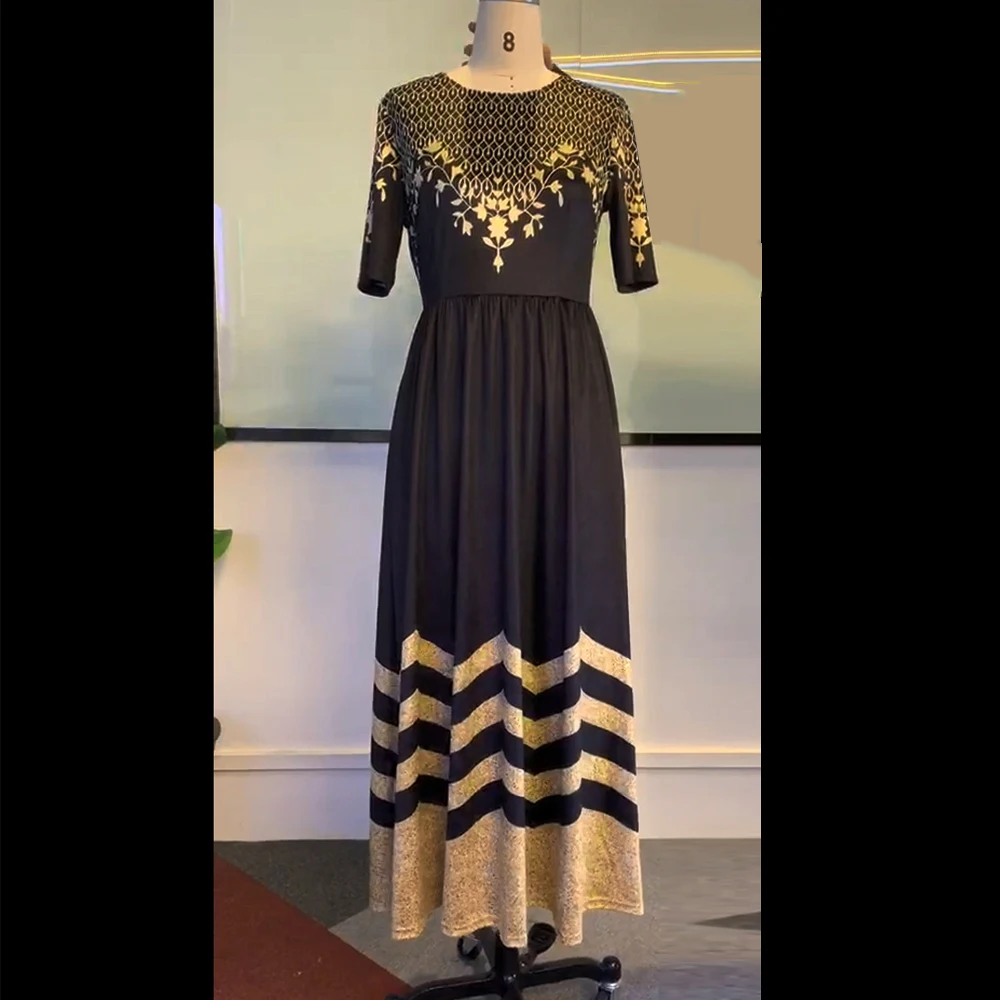 Женское платье с коротким рукавом Boho черное винтажное цветочным принтом и