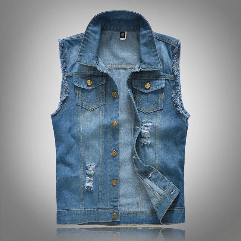 Light blue Мужской джинсовый жилет рваные джинсы с капюшоном без рукавов куртка Distressed jджинсовый осенний рваный джинсовый жилет без рукавов джинсы плюс размер D30 - Цвет: Light blue