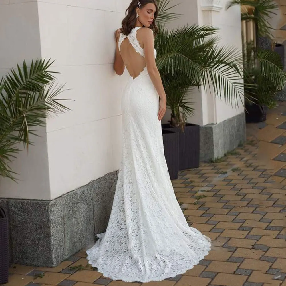 bridal gowns Elegant Lace Applique Halter Mermaid Wedding Dresses 2022 For Women Custom  Sexy Front Slit Backless Puff Sleeve  Bridal Dress second hand wedding dresses