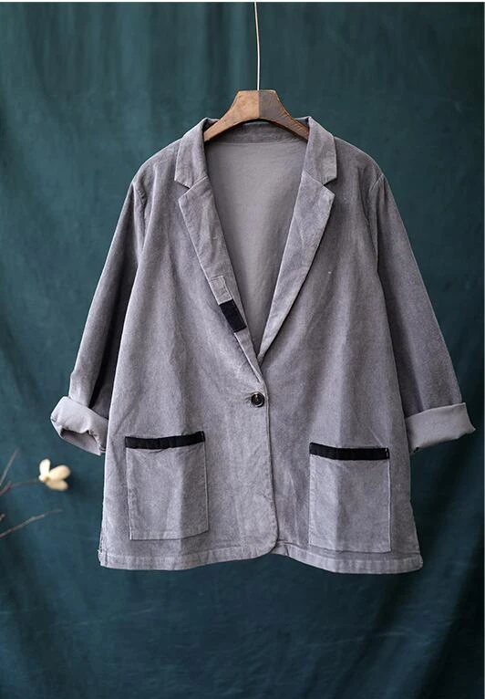 NINI WONDERLAND Autumn Corduroy Loose Coat Women Long Sleeve Vintage Jacket Coat Female Patchwork Outerwear Casual Coats - Цвет: gray