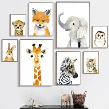 

Cartoon Elephant Zebra Fox Rabbit Bear Owl Giraffe Wall Art Nordic Painting Nursery Kids Room posters canvas painting K691