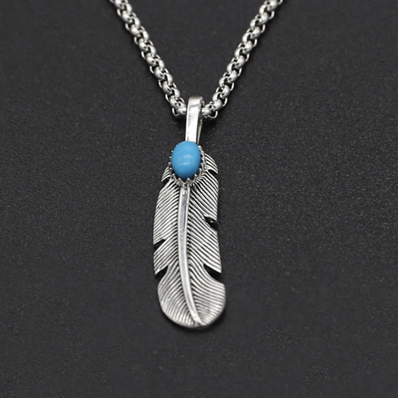 

S925 Sterling Silver Jewelry Retro Thai Silver Men and Women Handmade Blue Turquoise Thick Eagle Feather Pendant