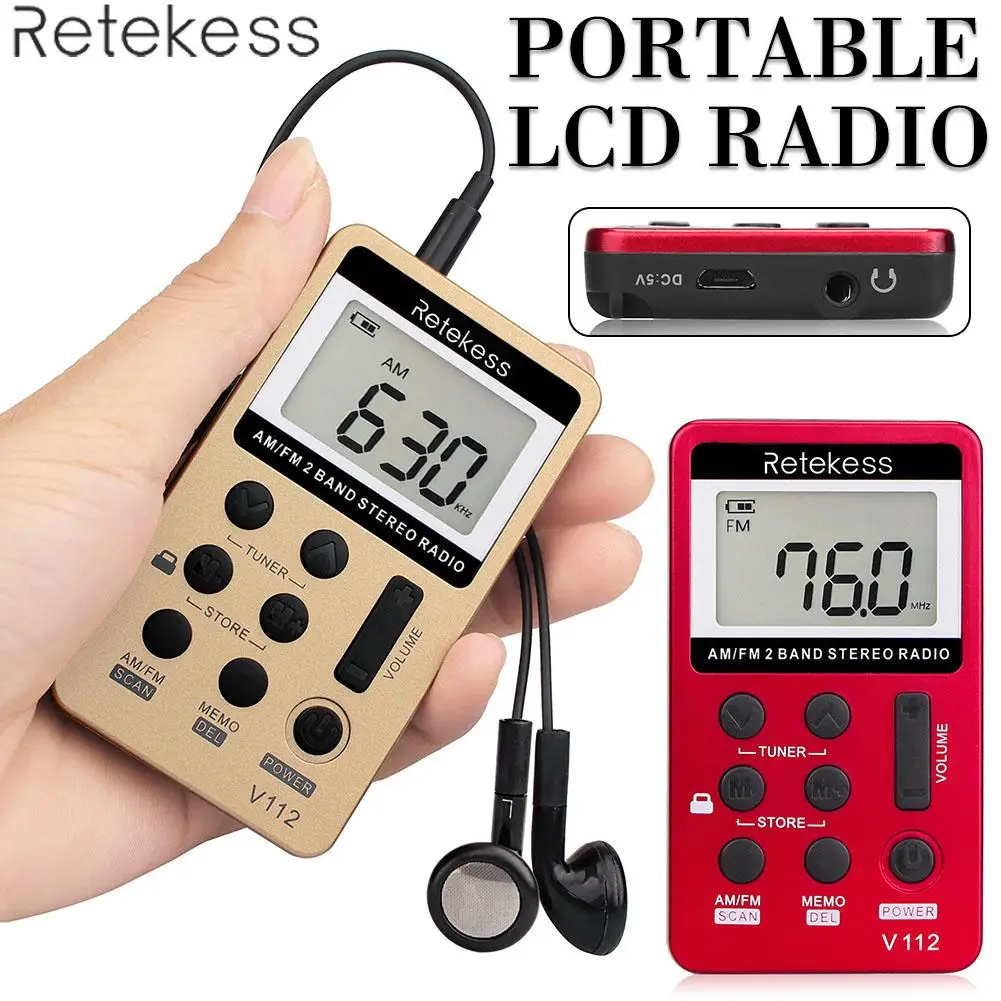 

V-112 Portable FM Radio Outdoor AM Stereo LCD Dual-band Digital Tuning Player Audio Adapter 1.5" LCD Display DC 5V Music Player