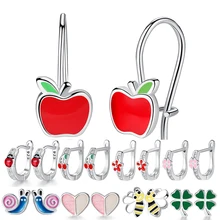 Модный 925 пробы Серебряный кубический Клевер из циркония сердце Божья коровка яблоко серьги-гвоздики для женщин Свадебное Украшение бижутерия Brincos