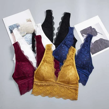 

Bra Women Bralette Deep-V Breathable Sexy Lace Padded Solid Color Lingerie Wire Free Jacquard Bra Brasier Mujer