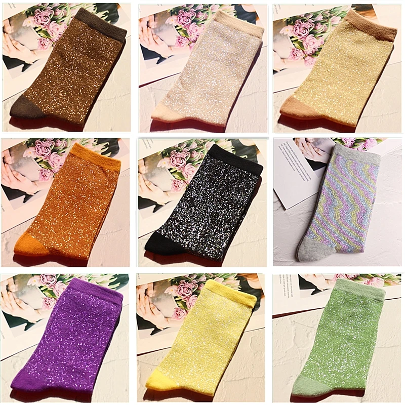 nike socks women Fashion women's shiny solid color high quality combed cotton socks gold and silver thread soft and comfortable woman socks bombas socks for women