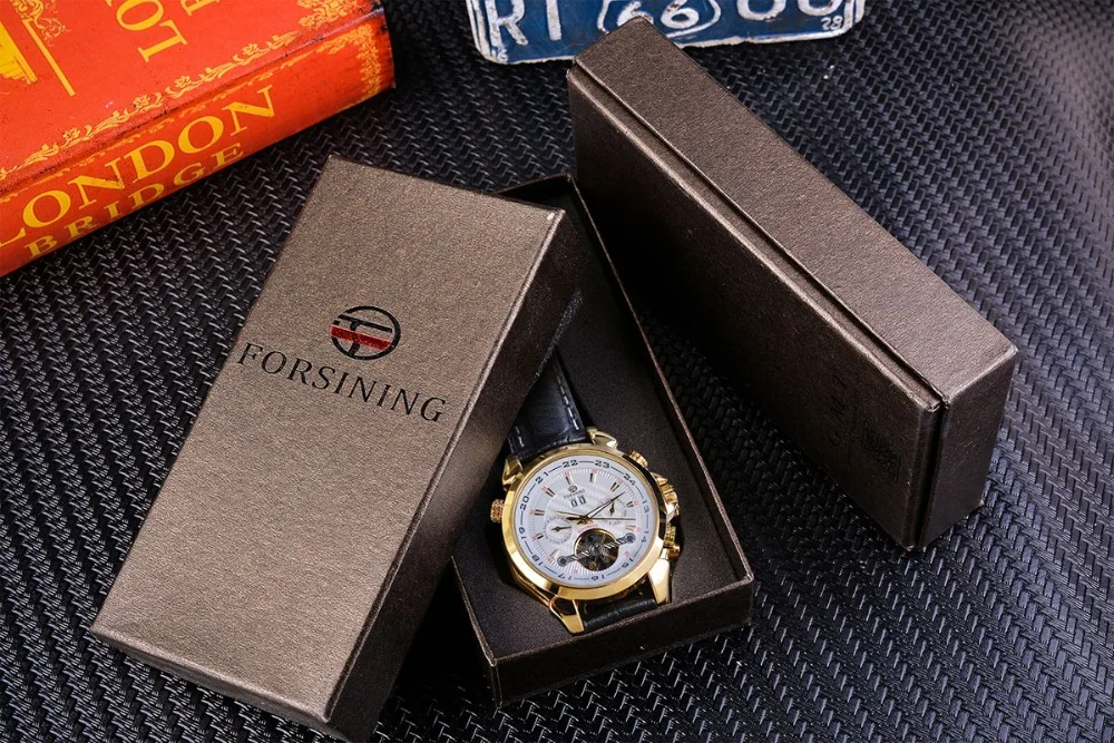 Forsining бренд Tourbillon Мужские механические часы Золотая фаза Луны Автоматическая Дата Натуральная кожа ремешок мужской платье часы Relojes