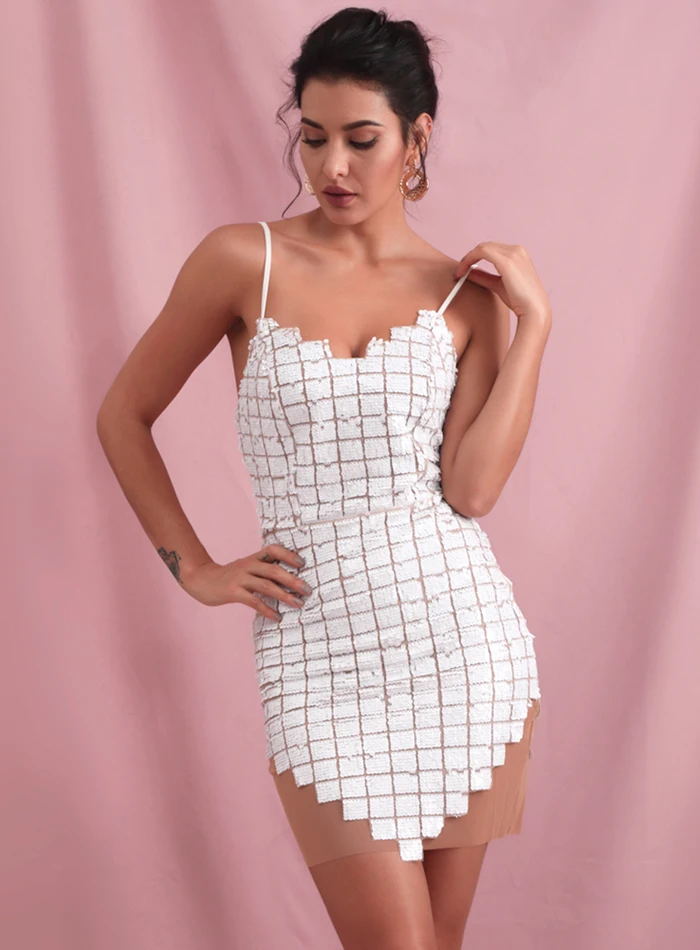 LOVE& LEMONADE, сексуальное Белое клетчатое платье с v-образным вырезом, блестками и сеткой, облегающие вечерние мини-платья LM81305