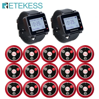 

RETEKESS Restaurant Pager Wireless Waiter Calling System 2 T128 Watch Receivers+15 T117 Call Buttons Customer Service For Cafe