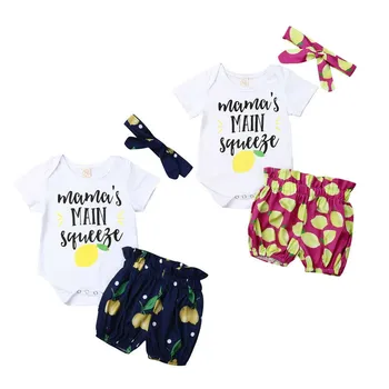 

3PCS Summer Newborn Baby Boys Girls Clothes Lemon Printed Cotton Bodysuit Tops Lemon Print Shorts Bottom Headband Baby Outfits