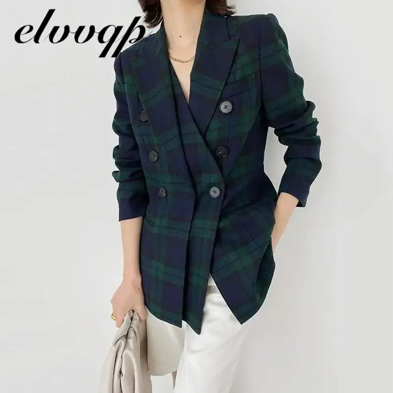 

New Fashion 2020 Designer Blazer Jacket Women's Elegant Double Breasted Work Office Plaid Business Female Blazer Coat Talever
