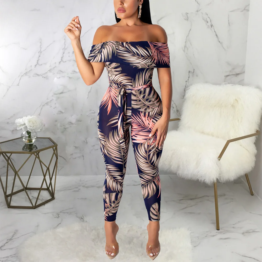 

Fadzeco Women Off Shoulder Jumpsuit Sexy Leaf Print Cape Bodycon Jumpsuit Clubwear Skinny Long Pants Romper