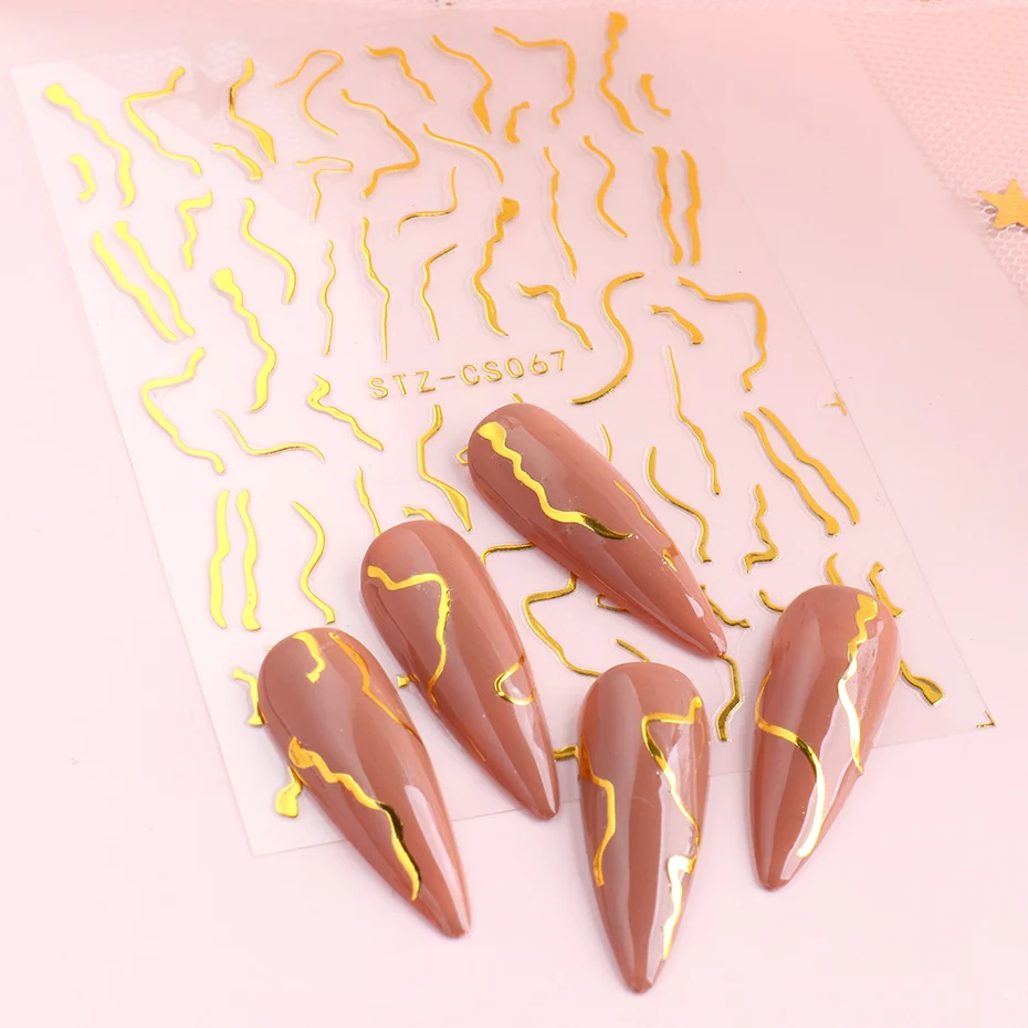 3D Metallic Golden Wavy Line Nail Sticker Marble Rainbow Swirl Stripe Tape Winter French Graphic Slider Decor Foils NLSTZ-CS067