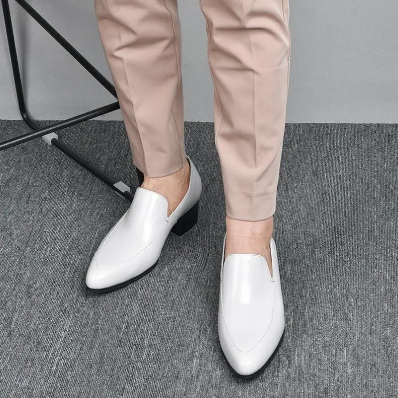 Mens High Heel Men Shoes Black White Genuine Leather Wedding Dress Shoes Pointed Toe Slip On Business Office Work Heighten
