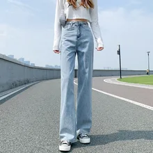 

Fashion Women Straight Pants Girls Light Blue Jeans High Wasit Losse Denim Pants for Female 2022 Spring New Streetwear Trousers