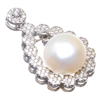 

Natural Pearl And Zircon Handmade 925 Sterling Silver Pendant 1.25" D1504
