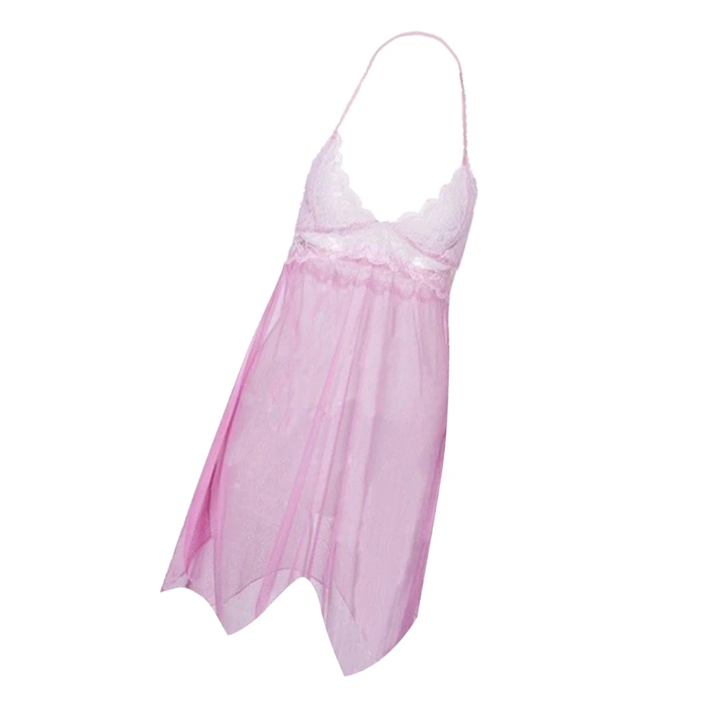 Womens Sexy Lace V Neck Nightdress Lingerie Sleepwear Babydoll Nightgown Pink