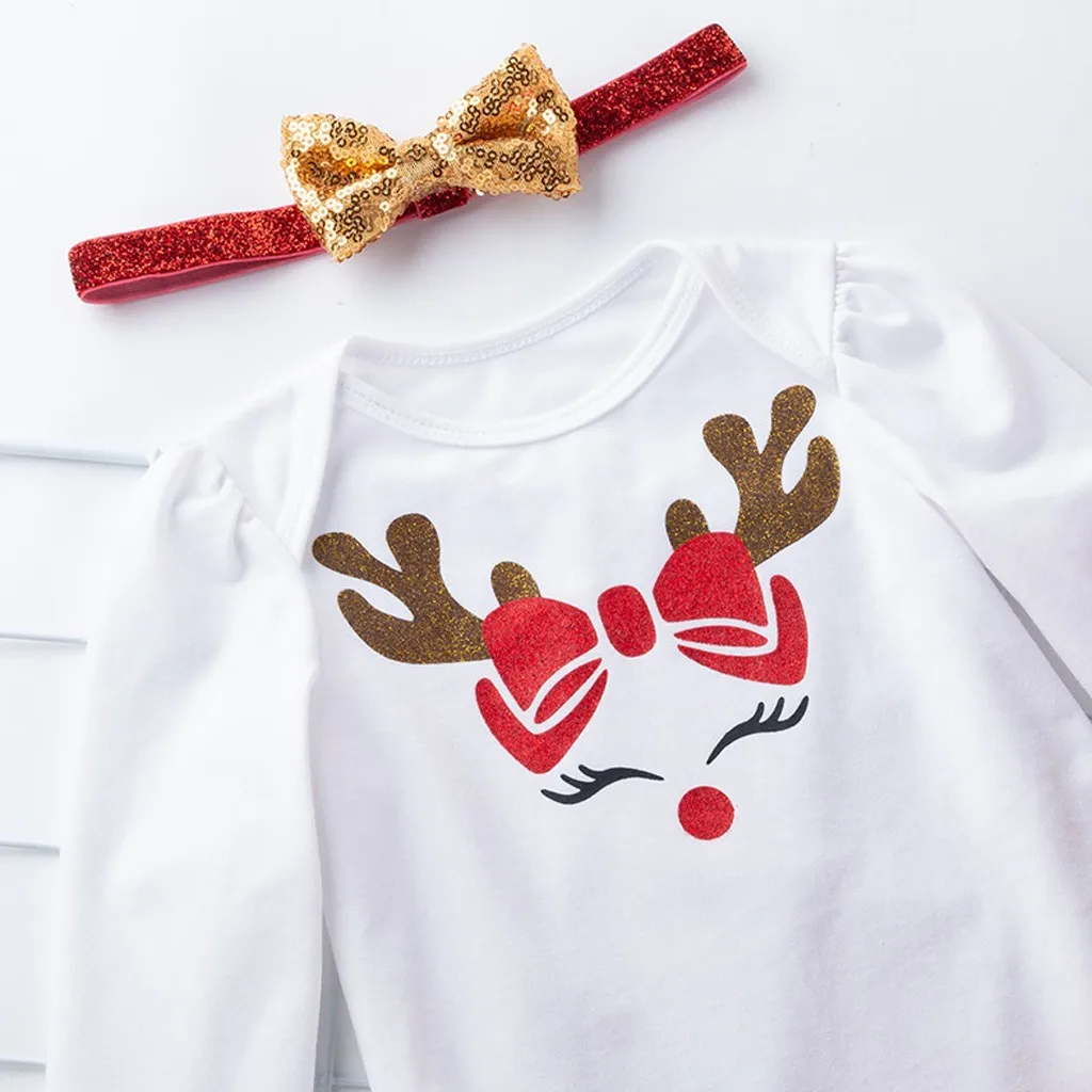 Christmas Infant Baby Girl Clothes Set Deer Print Bodysuit Skirt Headband 3pcs Outfits Happy New Year Newborn Clothing For Baby