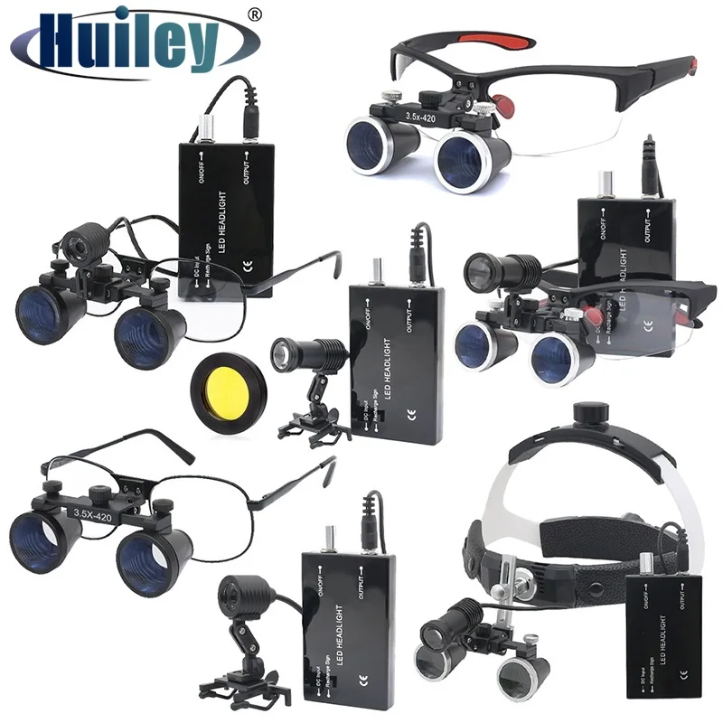 3.5X Binocular Dental Loupes with 3W 5W Head Light Yellow Filter Li-on Battery 1 set