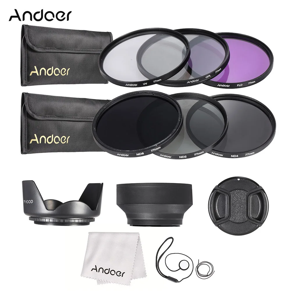 Andoer 77 мм набор фильтров для объектива UV+ CPL+ FLD+ ND с чехлом для переноски/крышкой объектива/держателем/тюльпаном и резиновыми блендами для объектива/чистящей салфеткой