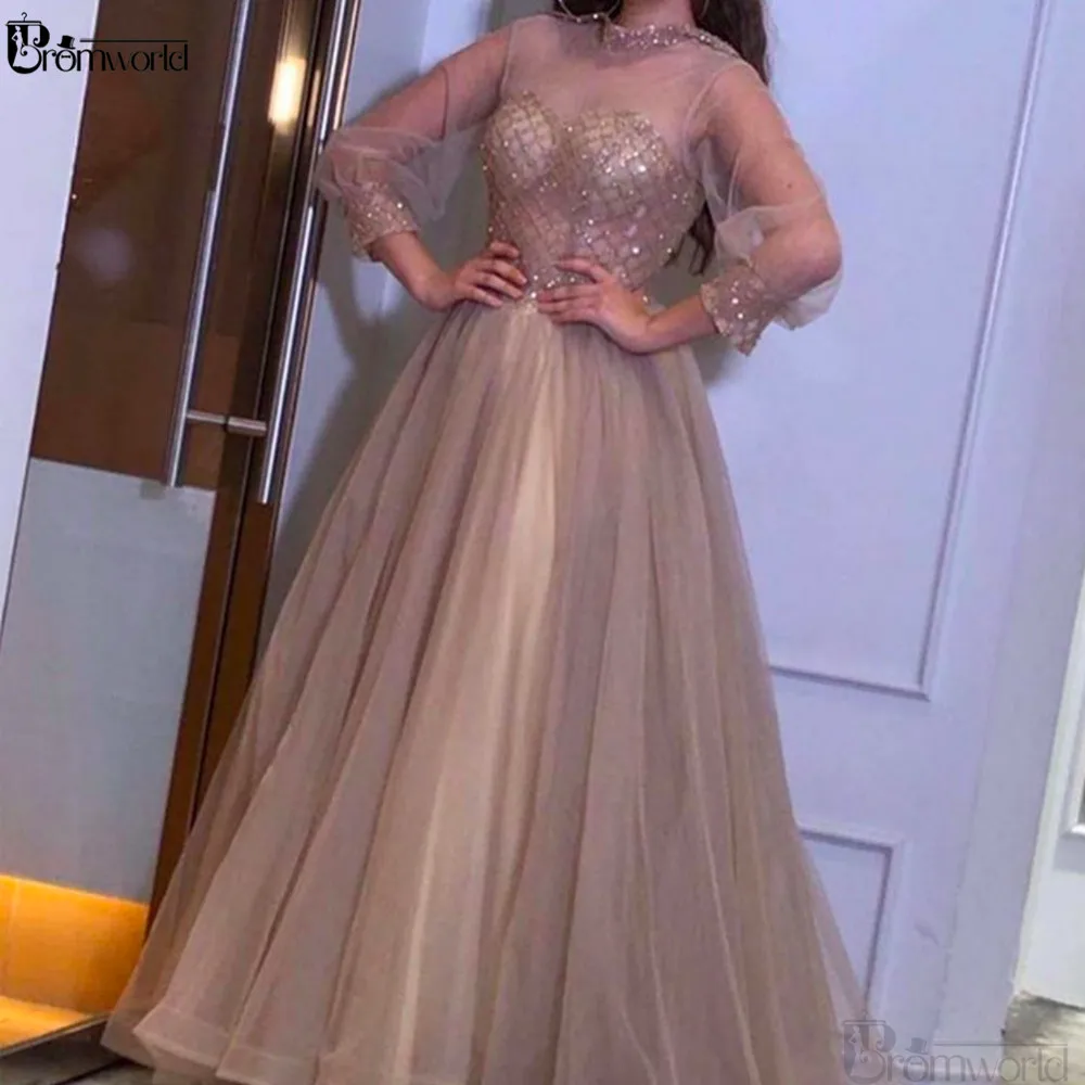 Muslim Long Sleeve Evening Dresses 2021 Champagne Formal Party Dress Abendkleider Dubai Arabic Gowns Robe De Soiree | Свадьбы и