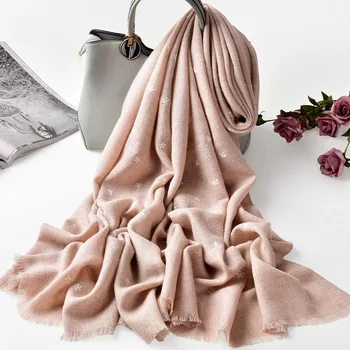 

Flower Embroidery Wool Scarf Women Luxury Solid Thin Wool Shawls Wraps Ladies Winter Autumn 100% Wool Scarves 185x70cm