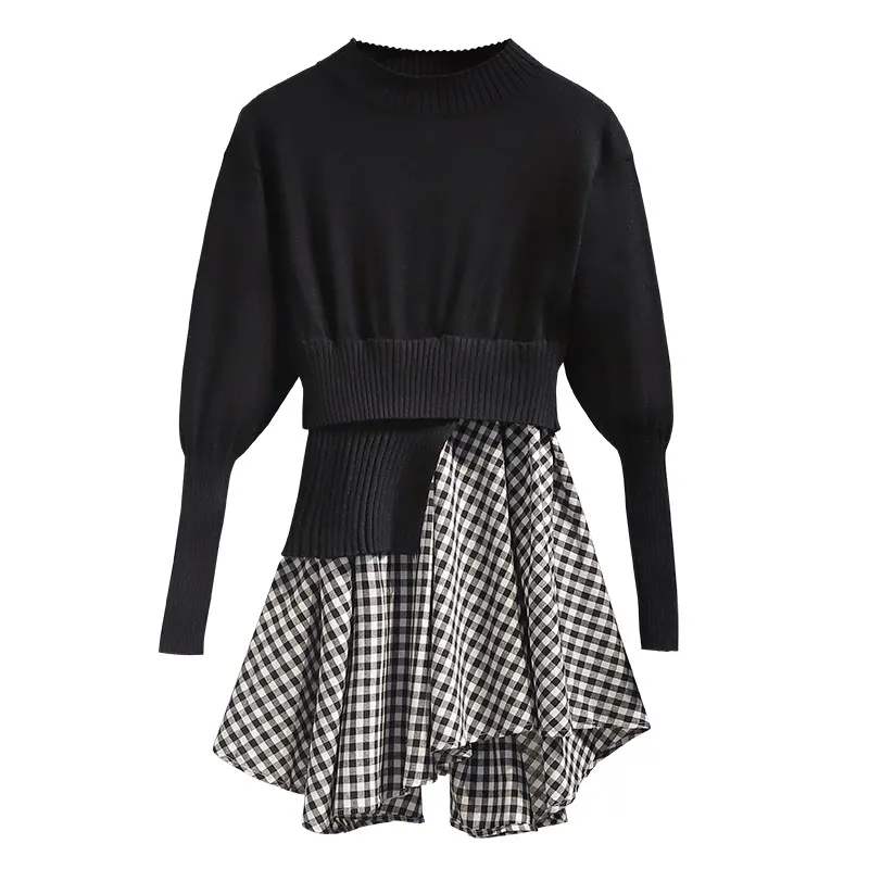 

PERHAPS U women black sweater knitted pullovers autumn winter plus size plaid shirt patchwork asymmetrical stand collar puff sleeve M0156