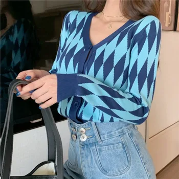 

Cardigan Sweater Women Autumn Button Diamond Lattice Print Knit Short Cardigan Long Sleeve V-Neck Casual Warm Loose Sweater K