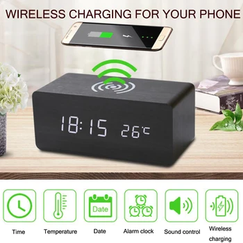 

Wooden Alarm Clock with Qi Wireless Charging Pad Compatible for Phone Wood LED Digital Modern Acoustic Control Sensing