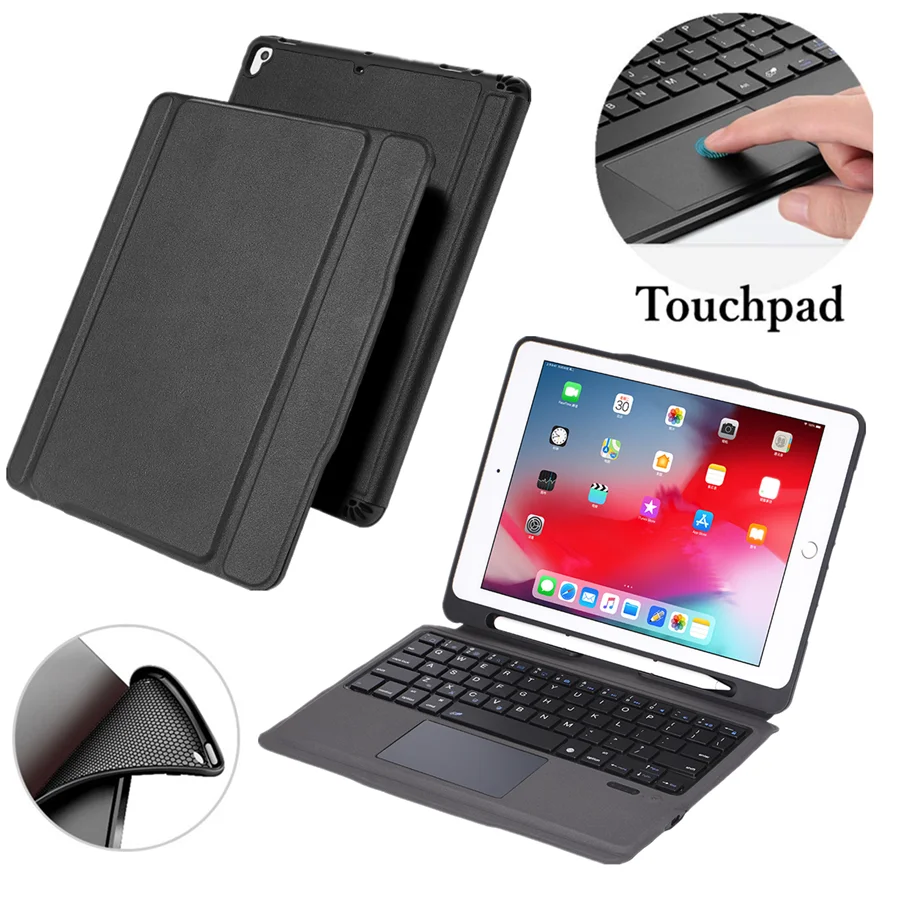 T205-touchpad-black Чехол для iPad 6th 9,7 дюймов, съемная клавиатура с держателем для карандашей, подставка, кожаный чехол для iPad 9,7, чехол с клавиатурой A1893 A1954 - Цвет: T205-touchpad-black