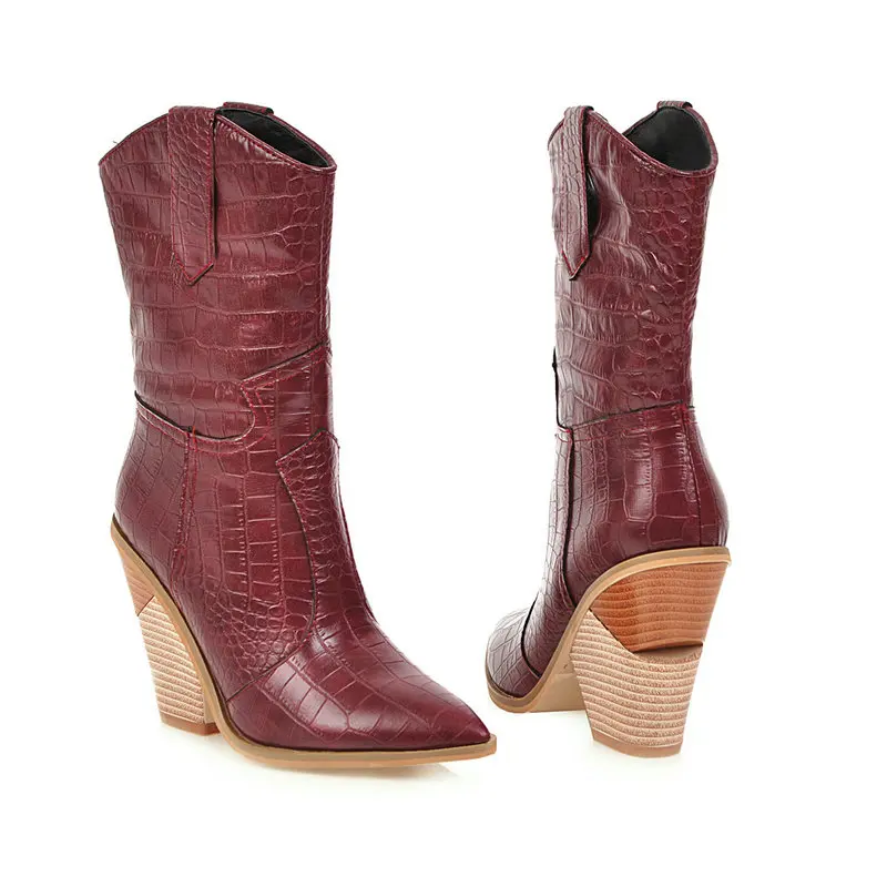 Осенние женские ботинки; ботильоны из искусственной кожи на танкетке и высоком каблуке; зимние ковбойские ботинки с острым носком; модные ковбойские ботинки; цвет черный, белый - Цвет: Red Winter Plush