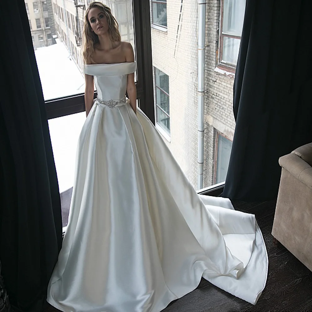 

ADLN Satin Wedding Dress Boat Neck Off the Shoulder Pleats Beading Sashes Ball Gown Satin Bridal Gown Robe De Mariee