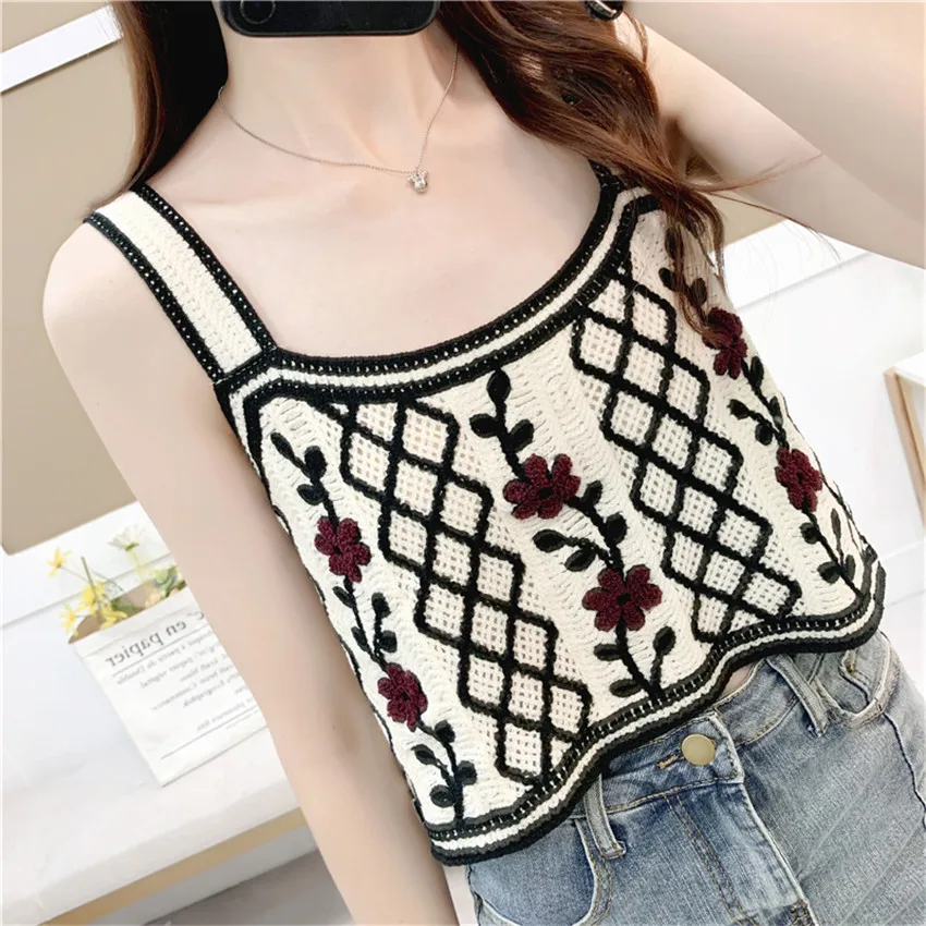 

Woman Knitted Crop Tops Spaghetti Strap Tank Top Floral Embroidery Boho Holiday Camis Sleeveless Sexy Camisole Crochet Hook