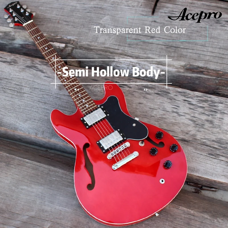 

Brand New Acepro Semi Hollow Body Jazz Electric Guitar, TonePro style Bridge, Transparent Red Color Archtop Guitarra