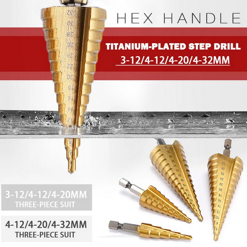 

3pcs HSS Titanium Coated Step Drill Bit 4-12 4-20 4-32 Drilling Power Tools Metal High Speed Steel Wood Hole Cutter Cone Drill