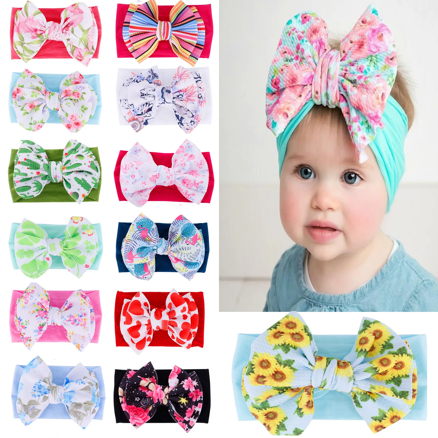 Kids Baby Cotton Headband Floral Printed Bow Wide Hairbands Comfortable Turban 