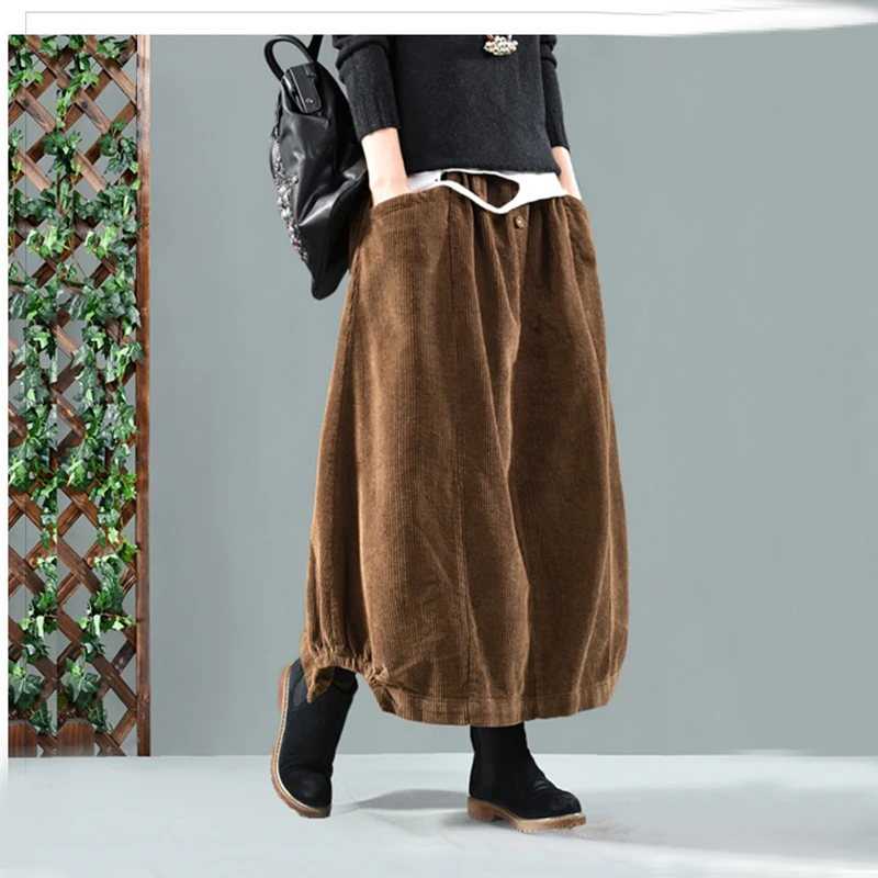Vrouwen Effen Kleur Elastische Taille Losse Corduroy Retro Rok Dames Vintage Herfst Winter Rokken 2019 Zakken Vrouwelijke Rokken