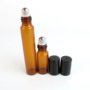

200pcs 5ml 10ml Amber Glass Roll On Bottles for Essential Oils with Steel Roller Ball and Black Caps WB2563