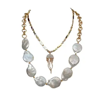 

Cultured White Keshi Pearl Gold Plated Chain Necklace Cubic Zirconia Pave Seajelly Charm Necklace