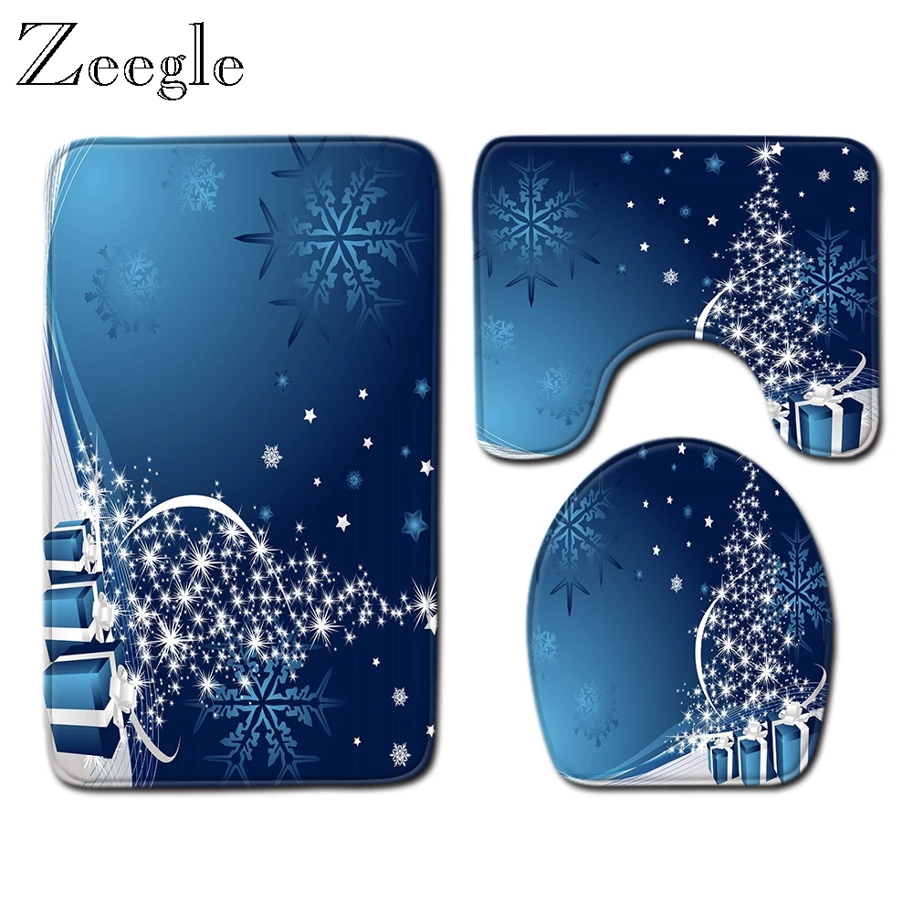 Zeegle Christmas Bath Mat Set Polyester Toilet Seat Cover Mat Anti Slip Bathroom Shower Mat Flannel Soft Toilet Pedestal Rug Set