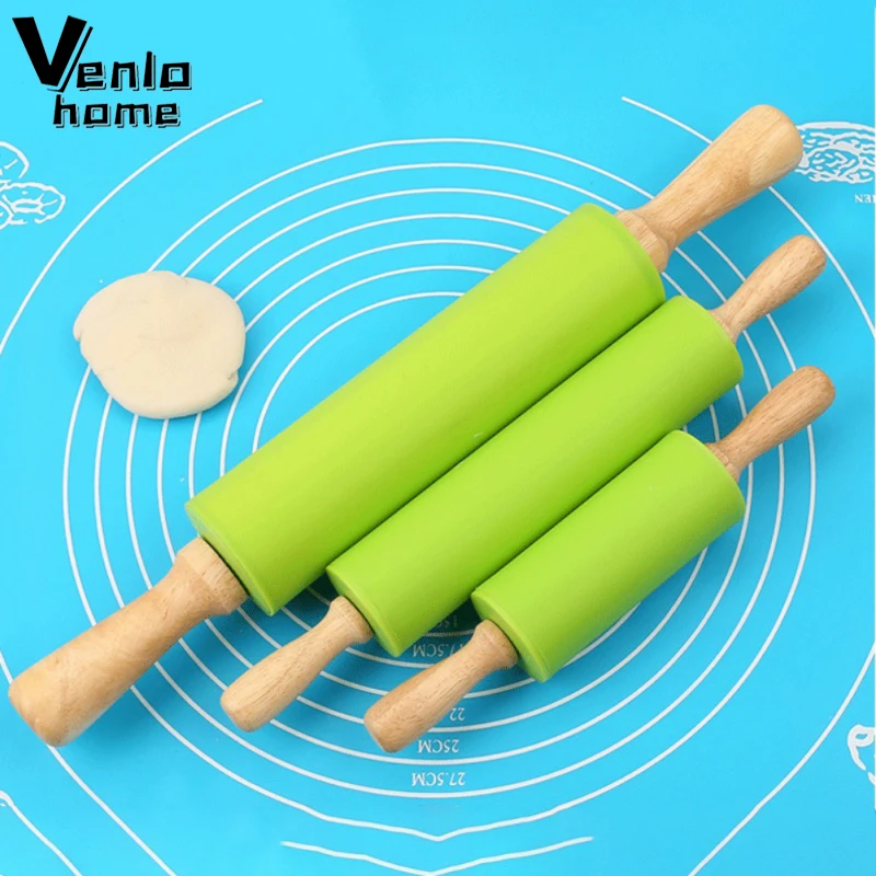 NonStick Silicone Rolling Pin Wooden Handle Pastry Dough Flour Roller Kitchen Cooking Baking