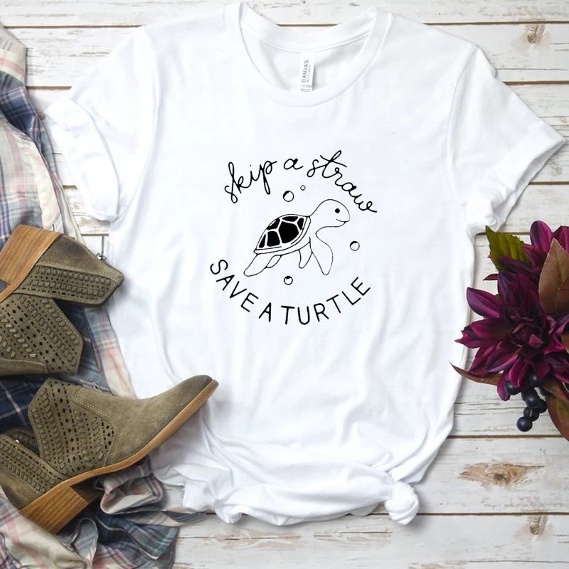 

Skip A Straw Save A Turtle Graphic Women Tshirt Sea Protect Slogan T Shirt Grunge Crewneck T-shirt Cotton Summer Tees Drop Ship