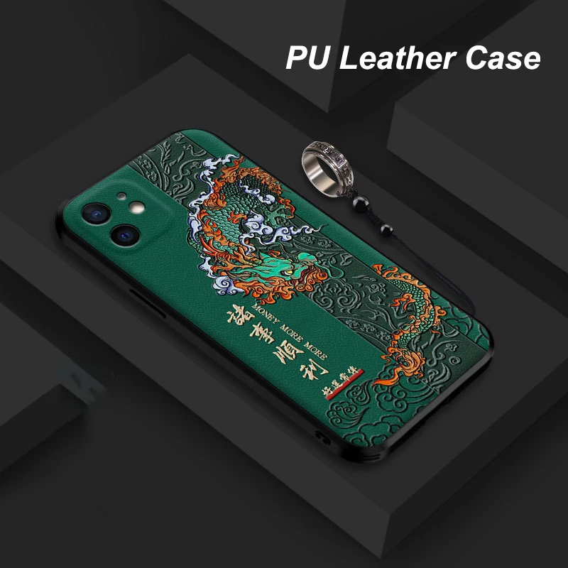 for iPhone 13 12 Pro Max Mini 11 XS XR X 7 8 Plus SE Case 3D Embossed PU Leather Dragon Phoenix Anti-knock Cover with Metal Ring best iphone 13 pro max case