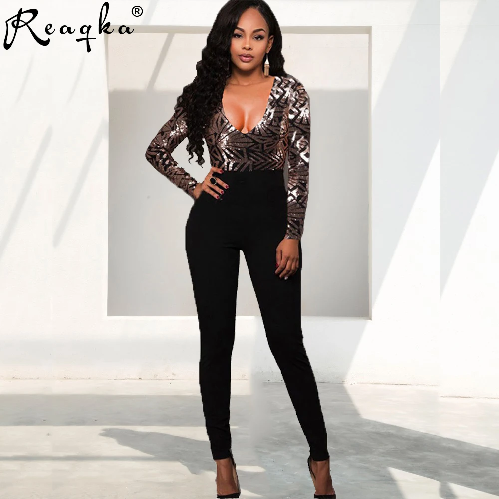 Reaqka Autunno Inverno Oro Paillettes Ricamo Elegante Sexy Maniche Lunghe  Tuta Pagliaccetto Tutina Donna Profondo Scollo A V Tuta 2017|bodysuit  overalls|elegant catsuitsgold sequin jumpsuit - AliExpress