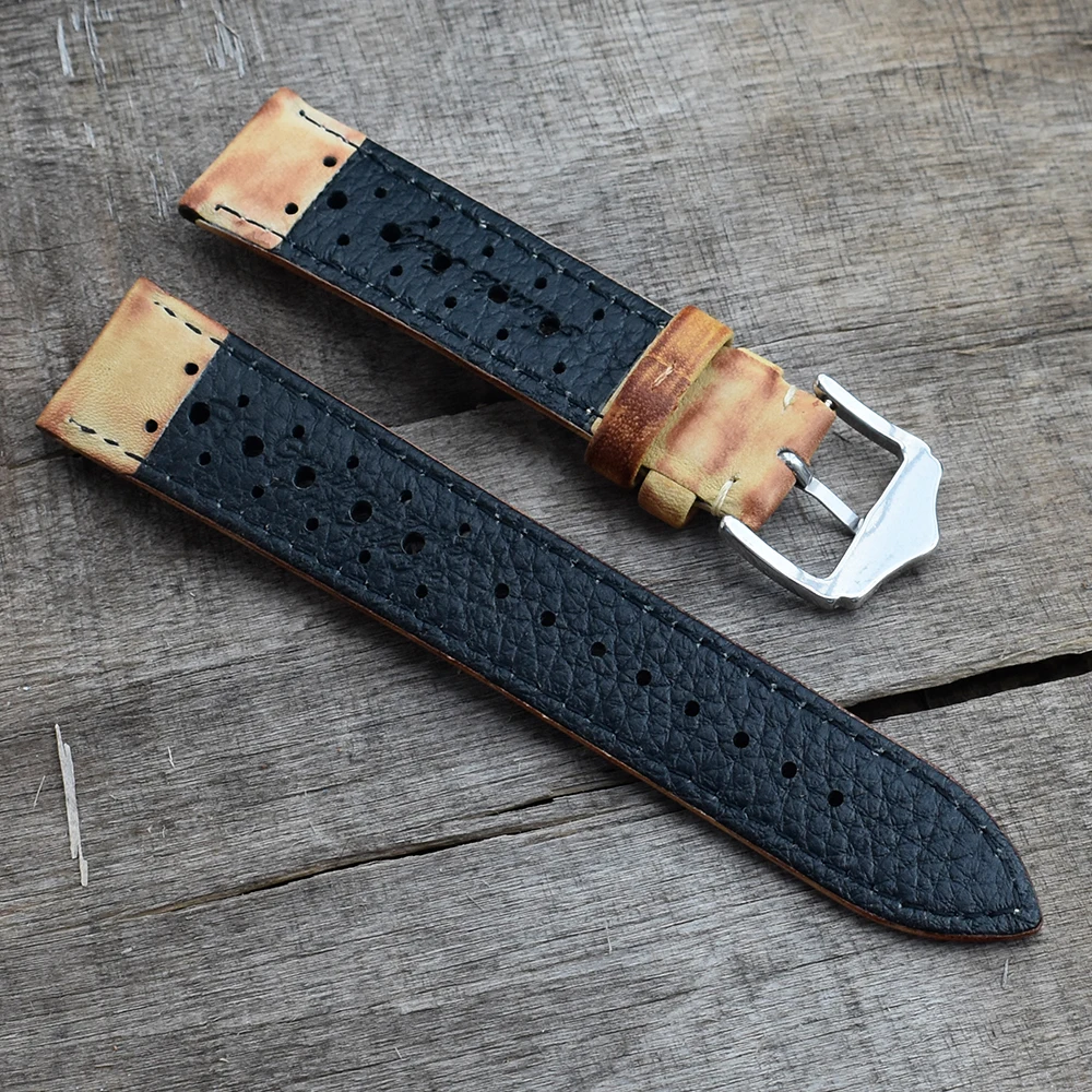 Vintage Genuin Leather Watchband 20mm 22mm 24mm Porous Breathable Handmade Stitching Watch Strap for Watch Accessories